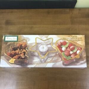 Holiday Gold Glass 3 pc Party Set Candy‎ DIsh Candle Holder